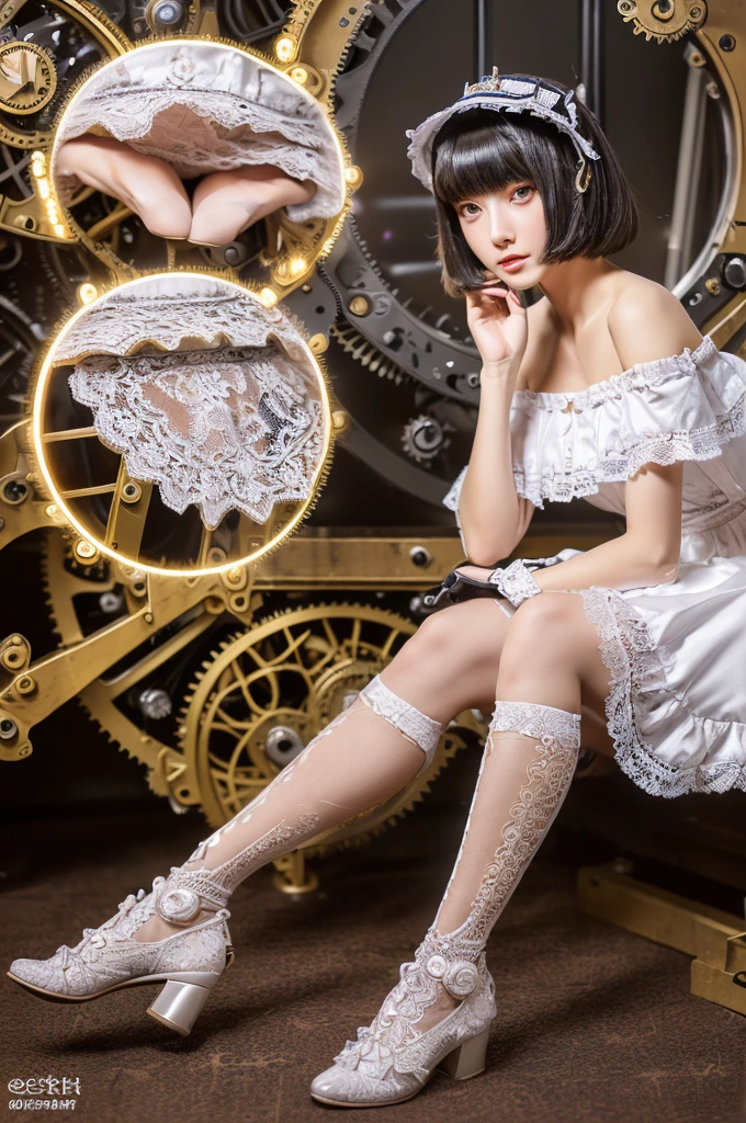 (((Tabletop, Highest quality))), 1 female, (((Very thin body))) , (((length, Thin legs))), (((short black bob, Thick and fluffy bangs ))), (((Highly detailed face))), cosmetically, Small, thin nose, small thin mouth, (((Very sharp focused eyes))), Large slit-shaped, precise pale grey eyes, Shining like a jewel, length eyelashes, ((Highly decorative and complex mechanical steampunk fashion, Lace flare skirt, Above-the-knee lace stockings, Lace Off Shoulder ta Fashion, Overly decorative fashion)), Abandoned Night, Exquisitely mechanized steampunk factory catches fire and explodes, (((Overall accuracy has been significantly improved, Create highly detailed and realistic images))), Ultra-realistic photos.