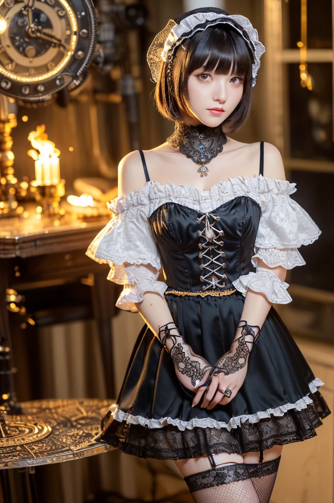 (((Tabletop, Highest quality))), 1 female, (((Very thin body))) , (((length, Thin legs))), (((short black bob, Thick and fluffy bangs ))), (((Highly detailed face))), cosmetically, Small, thin nose, small thin mouth, (((Very sharp focused eyes))), Large slit-shaped, precise pale grey eyes, Shining like a jewel, length eyelashes, ((Highly decorative and complex mechanical steampunk fashion, Lace flare skirt, Above-the-knee lace stockings, Lace Off Shoulder Lolita Fashion, Overly decorative fashion)), Abandoned Night, Exquisitely mechanized steampunk factory catches fire and explodes, (((Overall accuracy has been significantly improved, Create highly detailed and realistic images))), Ultra-realistic photos.