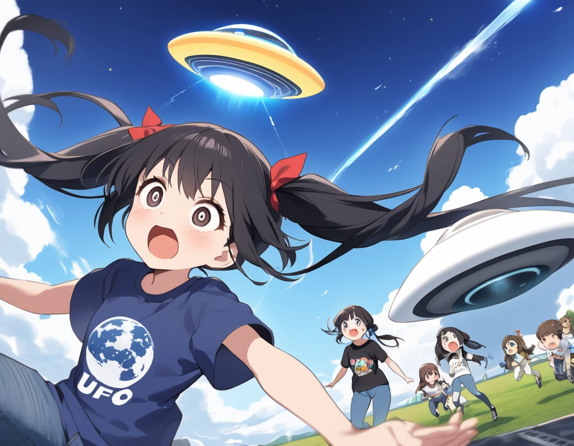 Black long hair、Twin-tailed Girl、Bigger in the center、T-shirt and jeans、Surprised face、A large unidentified flying object (UFO) is flying、Spaceman、A shining light from the UFO、blue sky、White cloud