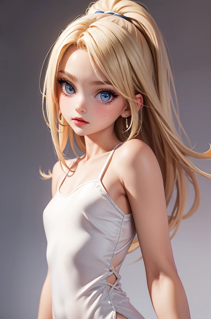 hyperrealistic american teen, blonderfect tiny body, sexy, dark makeup, perfect slim face, big red lips, very cute face, tiny body, big eyes, young looking, childish looking, all white tight minimalist dress