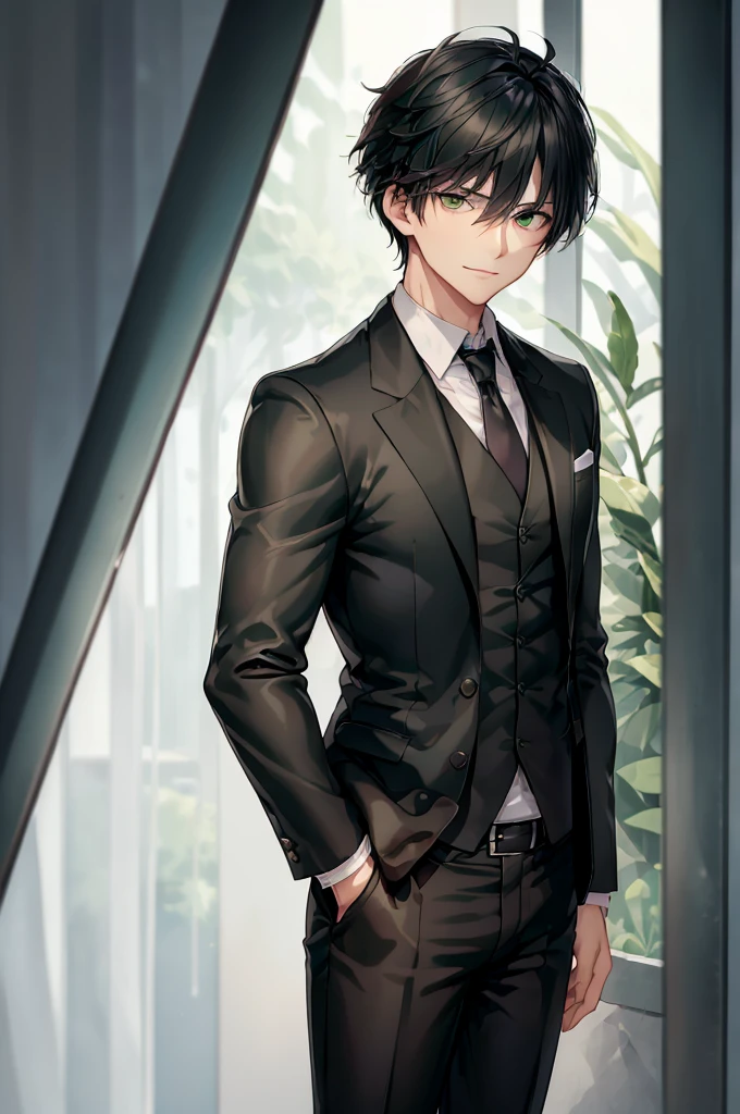 (masterpiece; best quality: 1.2), (finely detailed beautiful eyes: 1.5), ((1 man)), ((solo)), (green eyes: 1.4), (masculine; lean: 1.3), (very short black hair: 1.3), (beautiful and clear background: 1.2), (extremely detailed CG + ultra-detailed + best shadow: 1.1), ((depth of field)), (clothes; black blazer, pants + white shirt: 1.3), (background; suburban house interior + furniture: 0.8), (extremely fine and handsome: 1.1), (shot composition; standing + close-up: 1.5), (expression; calm, smile: 1.2)