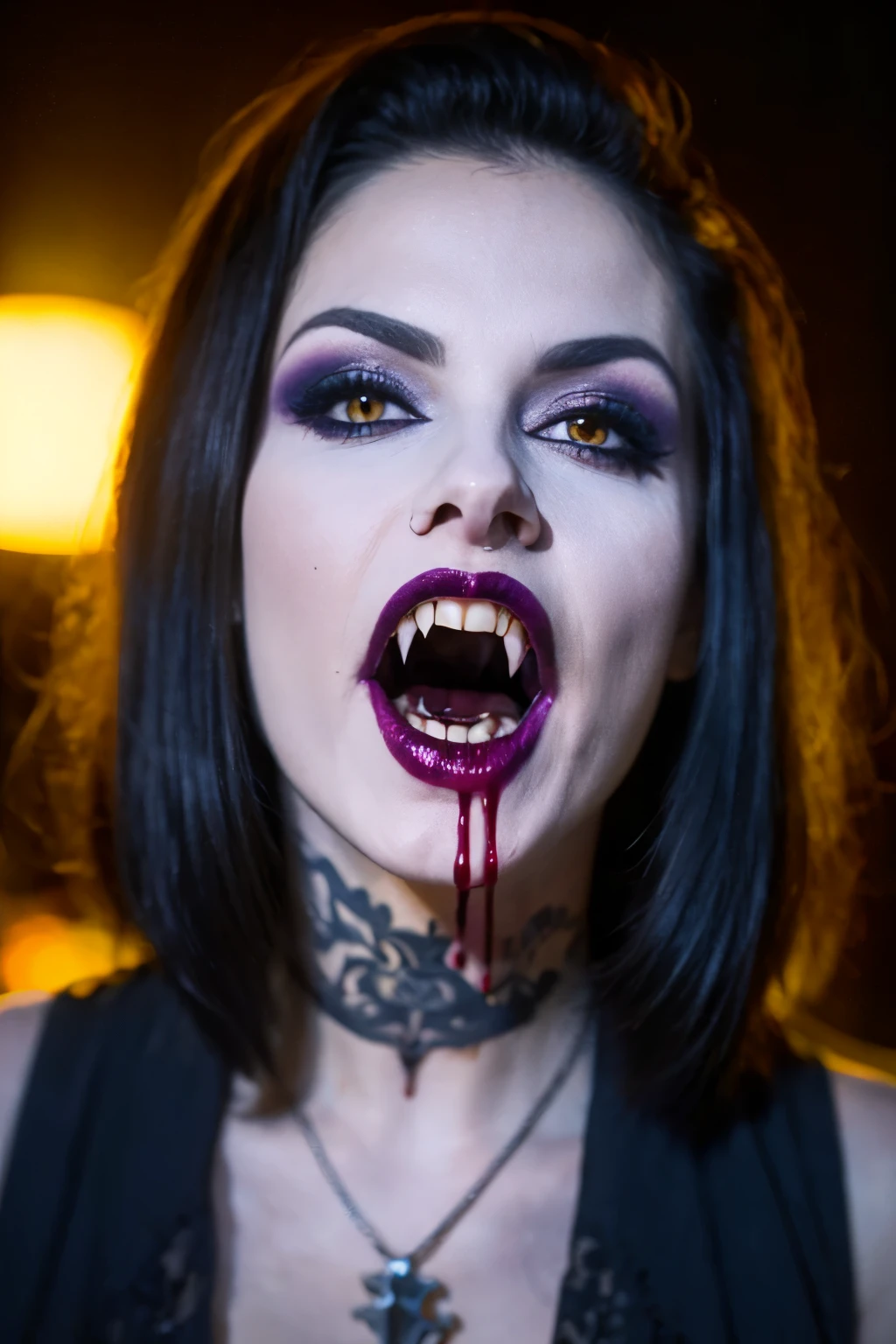 Generate a hyper-realistic image that employs the shallow depth of field technique, Head and sholders portrait to highlight a pretty goth (((vampire))) girl, ((open mouth with vampire canine teeth)) , ((blood dripping from mouth)) perfect teeth, wearing a gothic dress, ((cut hair with fringe)), tattooed, ((heavy makeup)) , at ((night in a creepy cemitery)) setting, (((under the moonlight))). The girl should be the focal point, with crisp clarity, while the background of the forest should be gently blurred to create a bokeh effect. (((black roses In the foreground))) should be visible but blurred, adding depth to the composition.", adding depth to the composition. Sony Alpha A7R III, macros lens , f/5.6. ((Cinematic purple and pink Lighting)) .