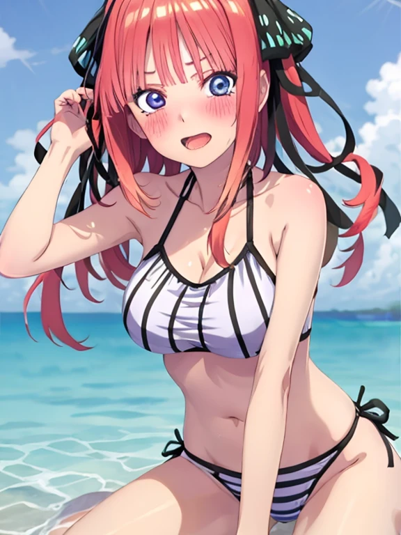 best quality, insanely detailed, nino nakano, breasts, blush, swimsuit, halterneck, striped tops, flower print,
