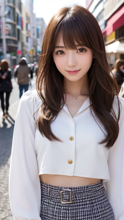 Highest quality、8k wallpaper、Reality:1.4、Cinema Lighting、View your viewers、background:City street corner、1 beautiful girl、Japanese Idol、30 years old、Beautifully detailed eyes、Detailed face、Beautiful Skin、Slender、Slim waist、Thin legs、Fancy hairstyle:1.3、The sunlight hits her hair and it shines golden、Light Hair、Asymmetrical bangs、White blouse、White mini skirt、Red jacket、smile:1.2