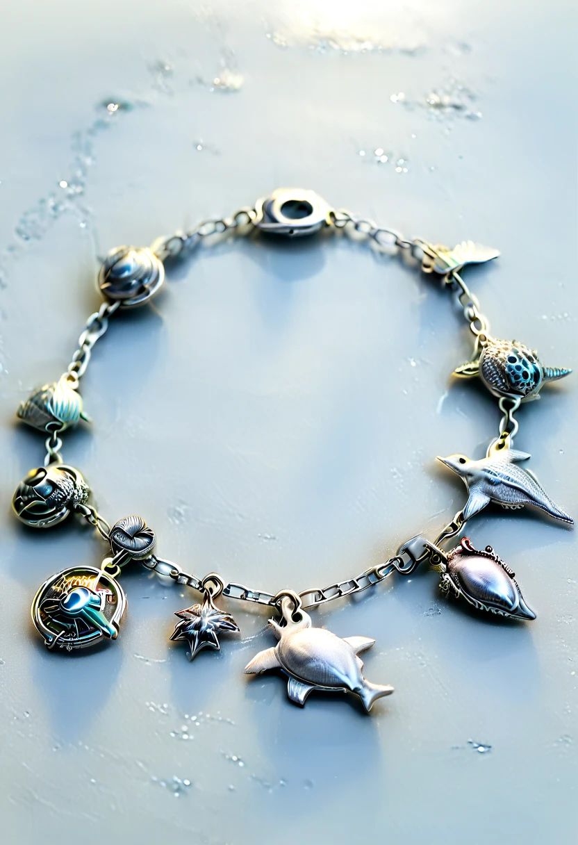 a delicate thin silver chain, a silver bracelet with various marine-themed charms, detailed sea creature charms, intricate charms, realistic detailed charms, delicate jewelry, elegant bracelet, photorealistic, highly detailed, 4k, hyperrealistic, studio lighting, masterpiece, professional jewelry photography