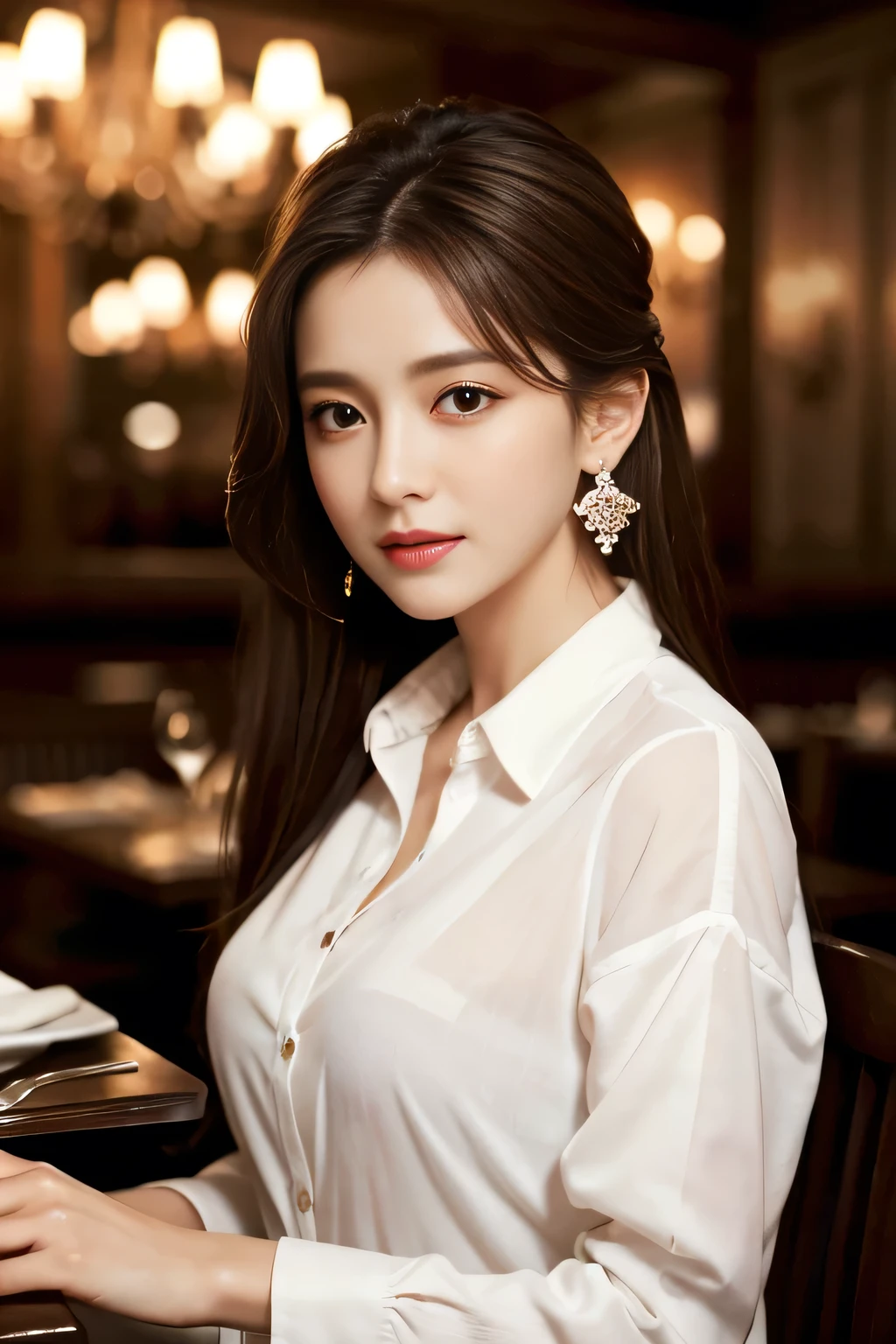 masterpiece, Highest quality, Realistic, Very detailed, Finer details, High resolution, 8k wallpaper, One beautiful woman, Wear an elegant white shirt, In a great restaurant, At night, Light brown messy hair, Perfect dynamic composition, Beautiful and beautiful eyes、Big earrings、