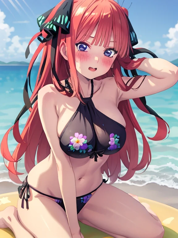 best quality, insanely detailed, nino nakano, breasts, blush, swimsuit, halterneck, striped tops, flower print,