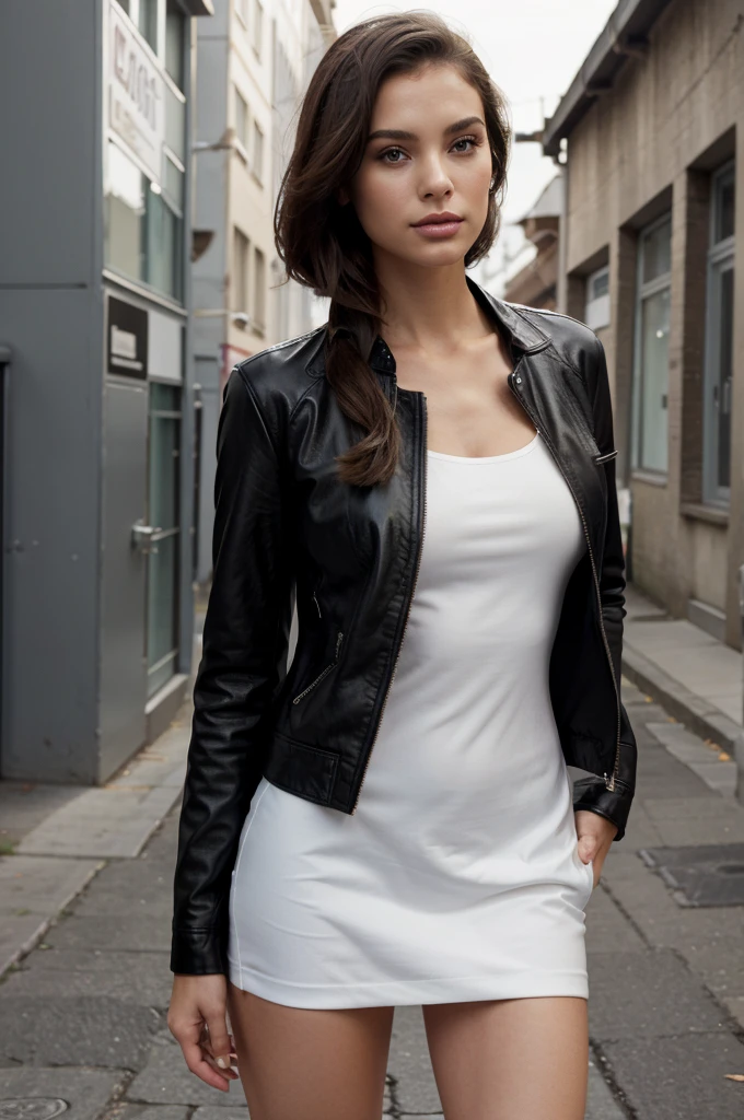high-quality, elegant image of a woman confidently modeling in the streets, a dress on and a well-fitted leather jacket with detailed zippers, buttons, and seams. The jacket should look glossy and high-quality with light reflections emphasizing its texture. The model should have a modern, chic appearance with contemporary clothing and accessories, elegantly styled hair, and minimal, tasteful makeup. Use a clean studio background with professional lighting to highlight the model and the jacket, ensuring all contours and details are well-defined