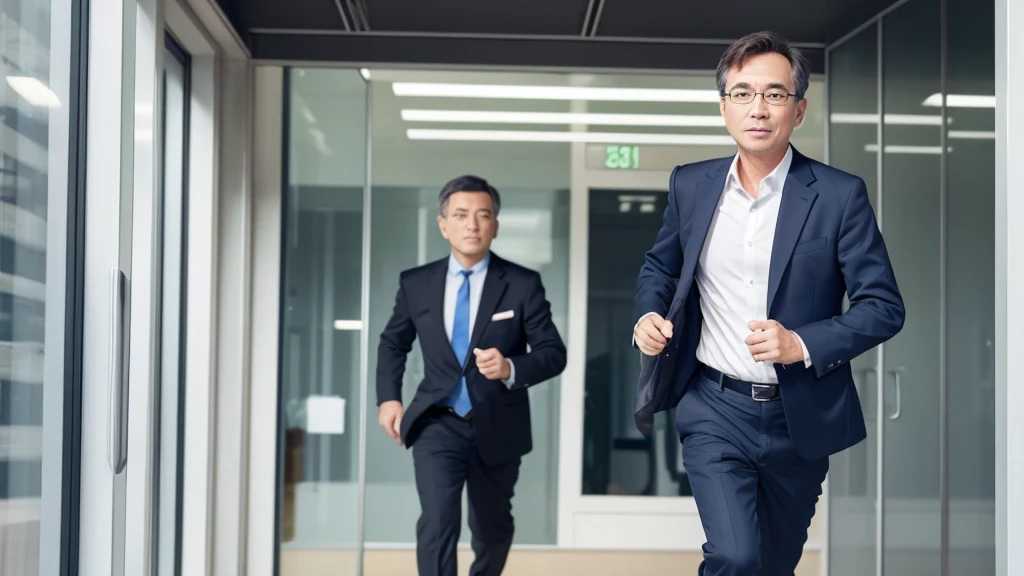A male small and medium-sized business consultant in his 50s is working in an office district.、The person is shown running with a backpack on in the back image.