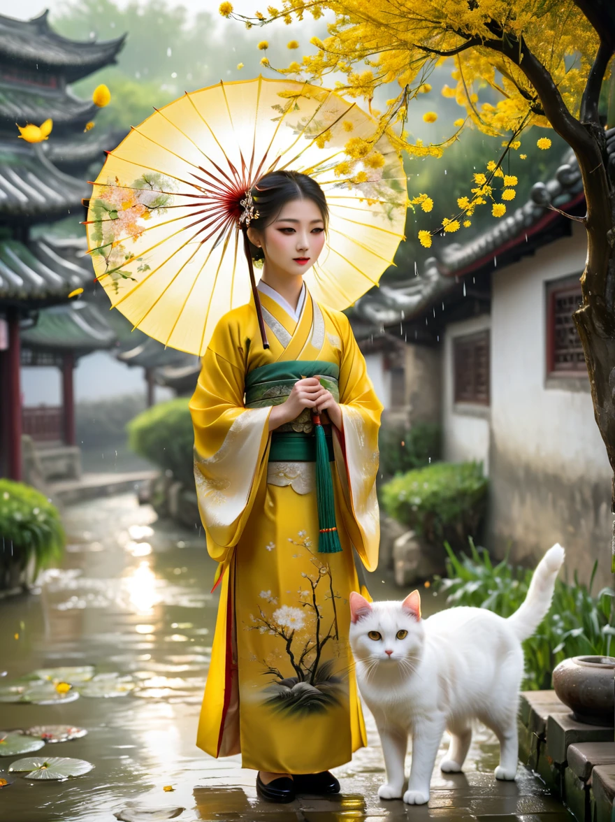 (Girl holding an oil-paper umbrella:1.3),Girls Focus,Close shot,Stand on a small bridge,Running Water,Ancient Town,Jiangnan Scenery,antique,Spring rain,light rain,beauty,beauty细致的眼睛,beauty细致的嘴唇,Extremely detailed eyes and face,Long eyelashes,Chinese traditional clothing,Chinese Architecture,illustration,The image is bright,rich and colorful,Fine details,White cat,Soft Light,Dandelions flying down from the tree,The ground is covered with yellow-green leaves,Glowing silver light,Innocence,storybook-like,A gentle depiction of nature,Wear,如此beauty, in the style of Amanda clark, Evgeni gordiets
