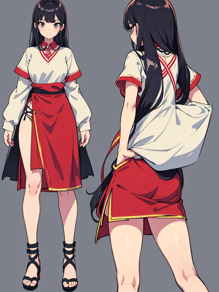 cute, standing lady, three view drawing, front and back and side,full body,simple background,dancer,long hair