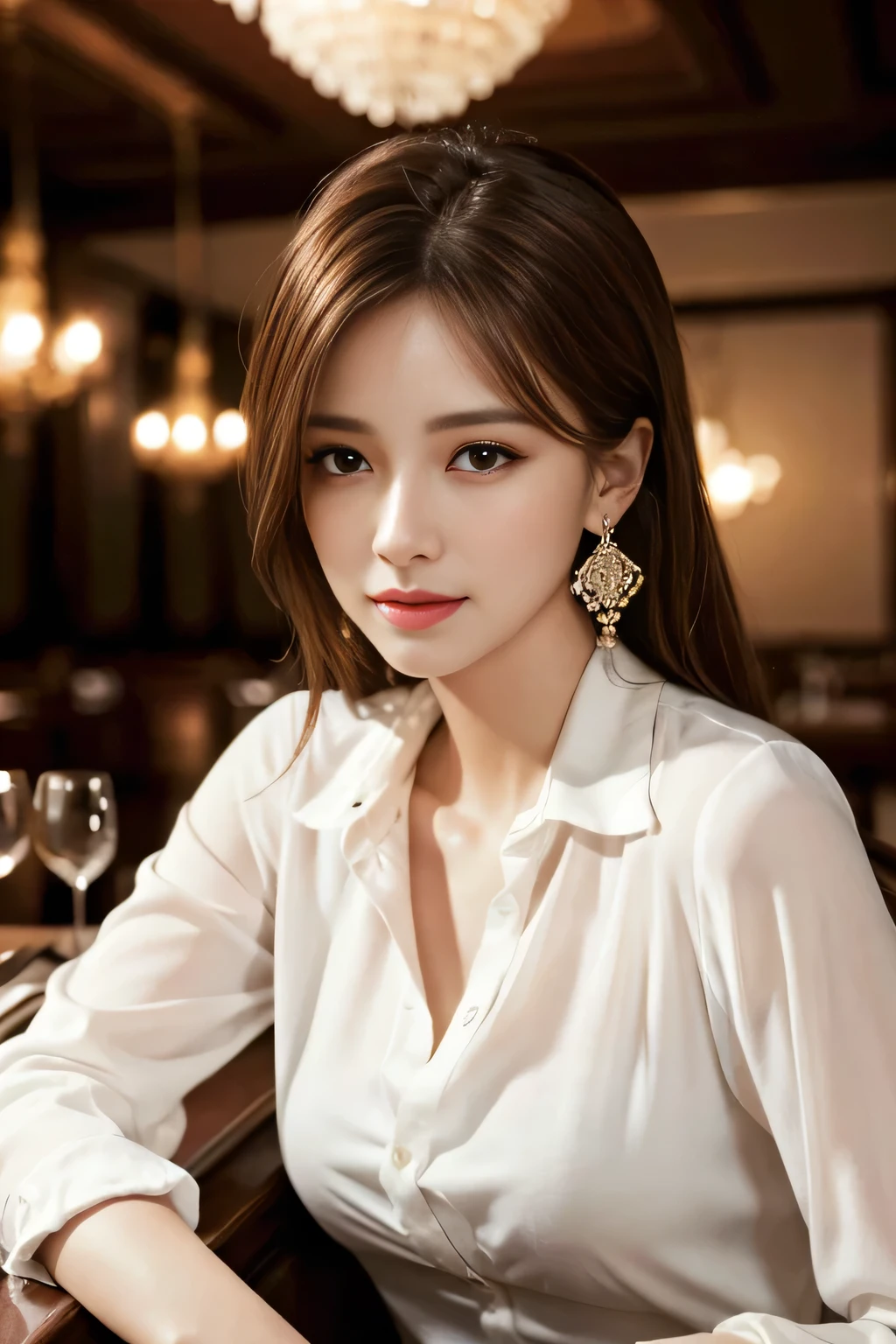 masterpiece, Highest quality, Realistic, Very detailed, Finer details, High resolution, 8k wallpaper, One beautiful woman, Wear an elegant white shirt, In a great restaurant, At night, Light brown messy hair, Perfect dynamic composition, Beautiful and beautiful eyes、Big earrings、