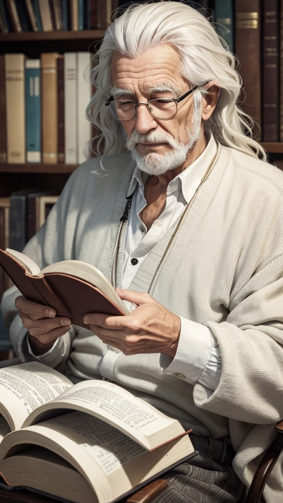 Elderly man with wavy white hair reading the Bible
