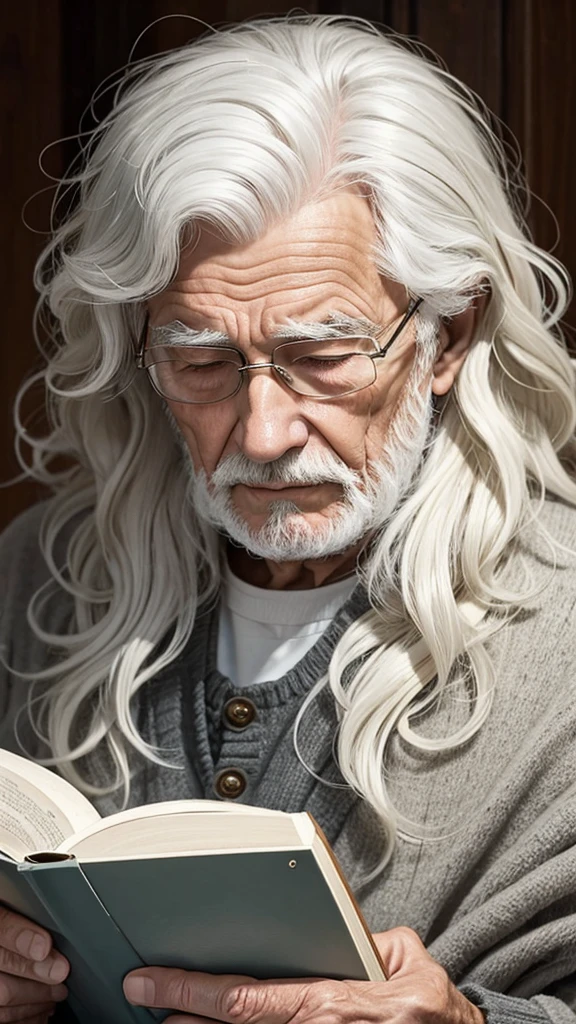 Elderly man with wavy white hair reading the Bible
