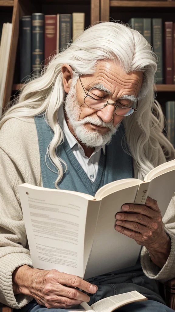 Elderly man with wavy white hair reading the Bible