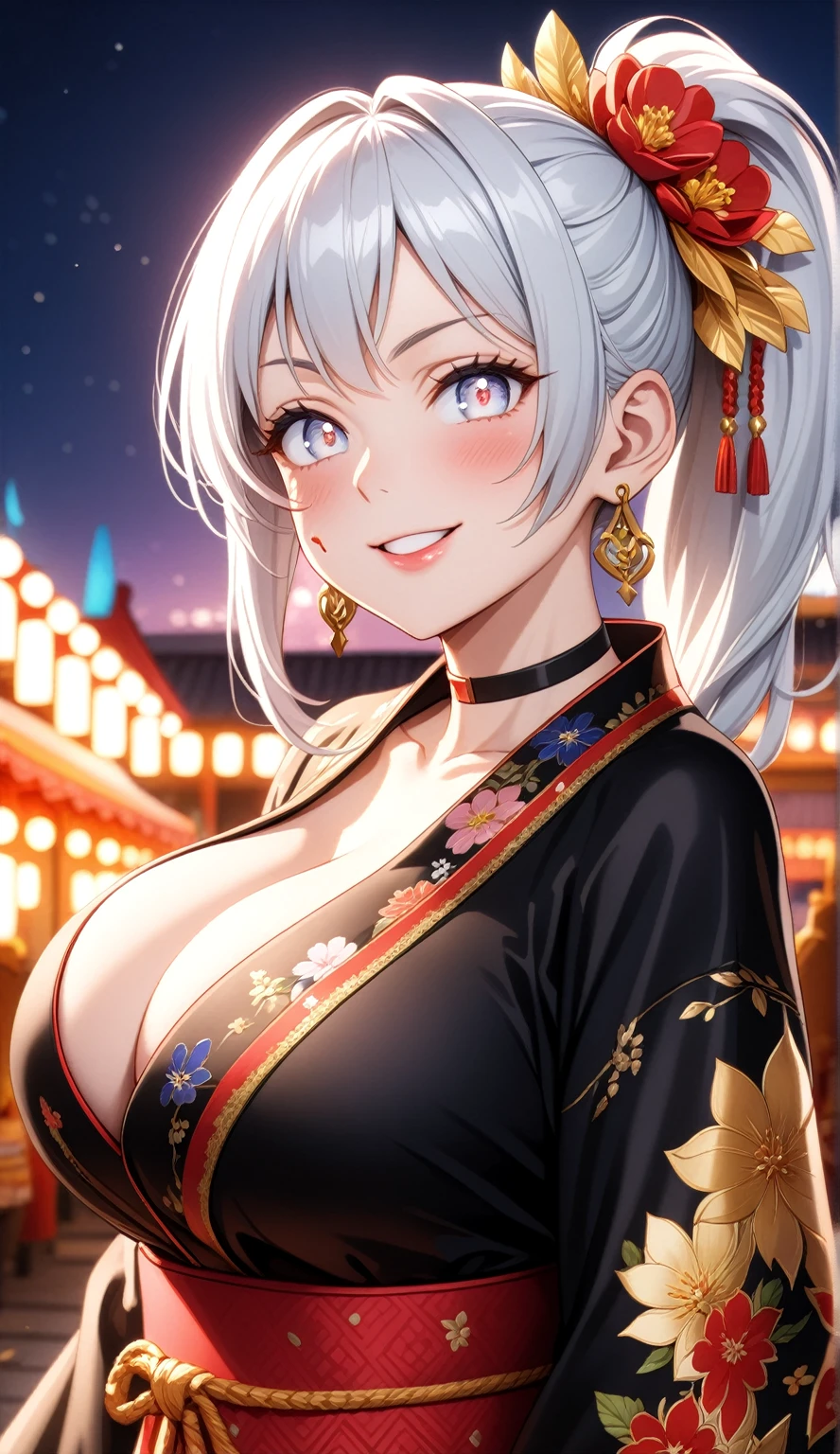 (One personの女性)), Beautiful Face, (Laughing embarrassedly), ((smirk)), ((Wink:2.0)),  Laugh with your mouth wide open,((Bright red cheeks:1.4)),Shiny red lips, night,rooftop,Festivals, firework,Glossy red lips,Facial lighting,((Anime style background)),masterpiece, Highest quality, so beautiful,up to date, Complex details, ((midriff peek)), (Pink long nails), (ring),(bracelet),(choker),AI-generated, Complex,High resolution, Highest quality, super high quality,3D Images、3D Images,One person,Long white hair in a high side ponytail,(blue eyes),  ((Fine grain、Silvery white colorful eyes、Shining Eyes:1.4)), (Squint your eyes:1.1), 写真のポーズをとるAnime Women, a hyperRealistic , hyperRealistic , Realistic,Anime Women, Smooth anime CG art, A woman in a colorful kimono with gold embroidery, (Black long sleeve kimono),  Red floral pattern,Long flower hair ornament,Earrings,Mature Body,(Big Breasts:1.1),Tall,Narrow waist,(Zoom in on face:1.7),