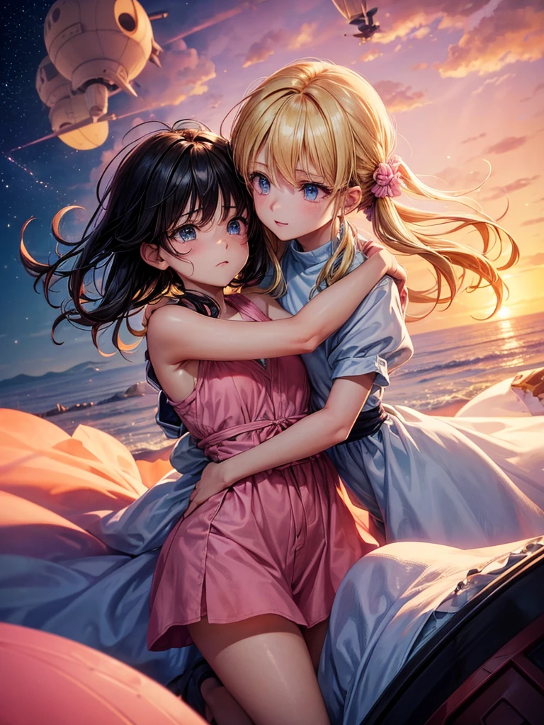 **In an emotional farewell atmosphere, a couple of friends hug each other tightly next to a spaceship. There are only the two of them, with no one else around. The boy is tall and adult, with messy black hair and deep black eyes, wearing a Dragon Ball Z style battle suit, that highlights his strong and determined figure. The girl, shorter than him, He has bright blonde hair, hairstyles in two low pigtails decorated with pink ribbons. His blue eyes reflect a mix of sadness and determination.. She is wearing a pink jumpsuit-type dress that gives her an air of innocence and tenderness..They are on a deserted launch pad, with the imposing spaceship at his side, ready to go. The atmosphere is charged with emotions, with the sky tinted a soft orange tone by the sunset. The soft wind slightly moves the girl's hair and the ribbons of her dress., as they both hold on to each other, knowing that this farewell could be final.The art style should capture the essence of Dragon Ball Z, with dynamic and expressive lines that highlight the intensity of the moment. The scene must convey the loneliness of his farewell, the deep connection between the two friends, and the uncertainty of the future that lies ahead.**