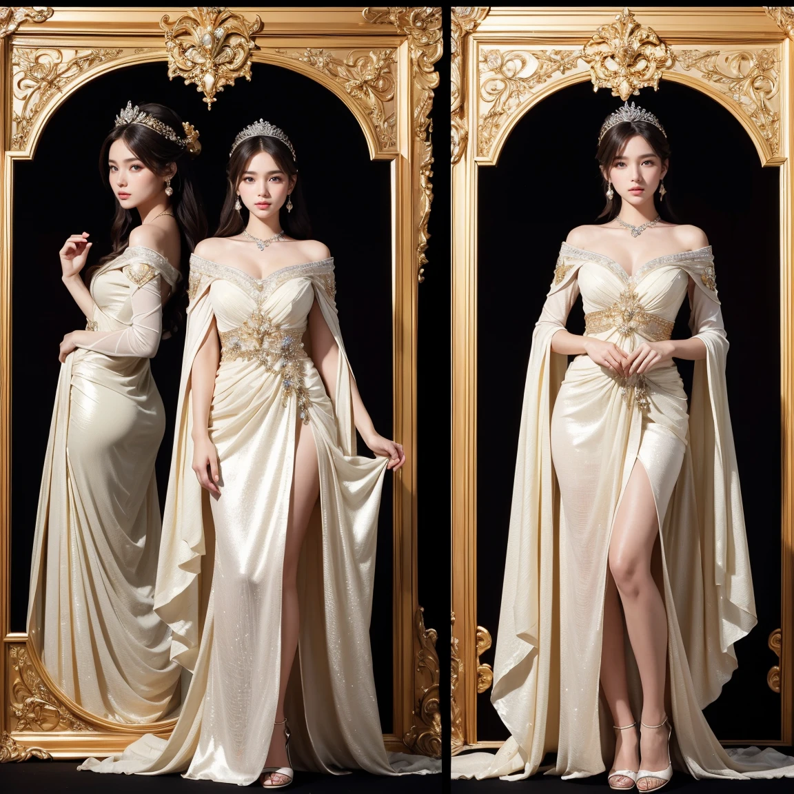 (masterpiece, highest quality), ultra detailed, high resolution, 16k, the most beautiful face in the world, highly detailed beautiful face and eyes, shiny skin, fine cloth texture, perfect anatomy, BREAK, (the incarnation of beauty:1.5), (goddess of beauty:1.5), (gorgeous and stunning princess:1.5), (perfect make-up:1.3), loving look, full of elegance. (full body:1.5), (three view drawing, front and back and side, character sheet:1.2)