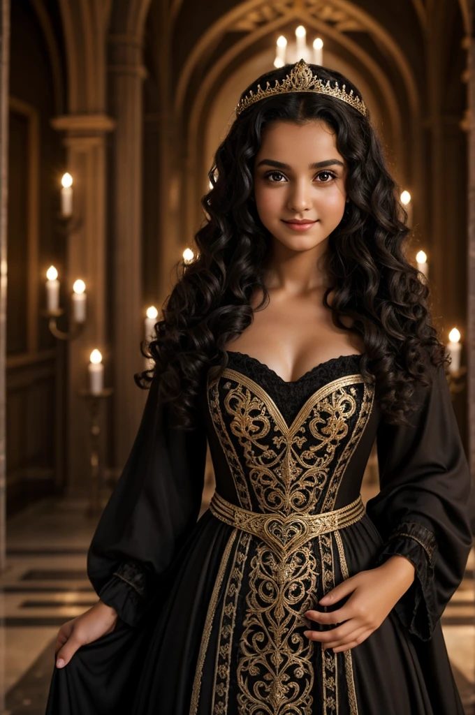 The world projected from the heart of a young girl, high, dark curly hair, dark eyes, monarch sorceress outfit, excited expression