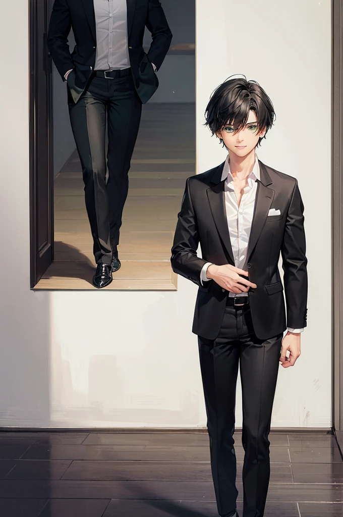 (masterpiece; best quality: 1.2), (finely detailed beautiful eyes: 1.5), ((1 man)), ((solo)), (green eyes: 1.4), (masculine; lean: 1.3), (very short black hair: 1.3), (beautiful and clear background: 1.2), (extremely detailed CG + ultra-detailed + best shadow: 1.1), ((depth of field)), (clothes; black blazer, pants + white shirt: 1.3), (background; suburban house interior + furniture: 0.8), (extremely fine and handsome: 1.1), (shot composition; standing + close-up: 1.5), (expression; calm, smile: 1.2)