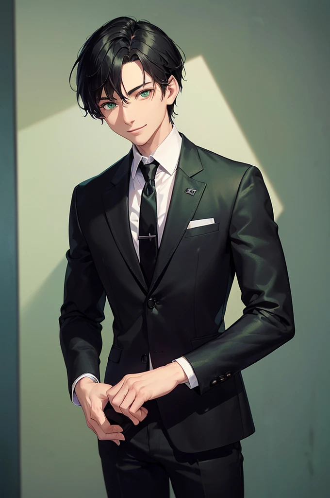 (masterpiece; best quality: 1.2), (finely detailed beautiful eyes: 1.5), ((1 man)), ((solo)), (green eyes: 1.4), (masculine; lean: 1.3), (very short black hair: 1.3), (beautiful and clear background: 1.2), (extremely detailed CG + ultra-detailed + best shadow: 1.1), ((depth of field)), (clothes; black blazer, pants + white shirt: 1.3), (background; suburban house interior + furniture: 0.8), (extremely fine and handsome: 1.1), (shot composition; standing + close-up: 1.5), (expression; calm, smile: 1.2)