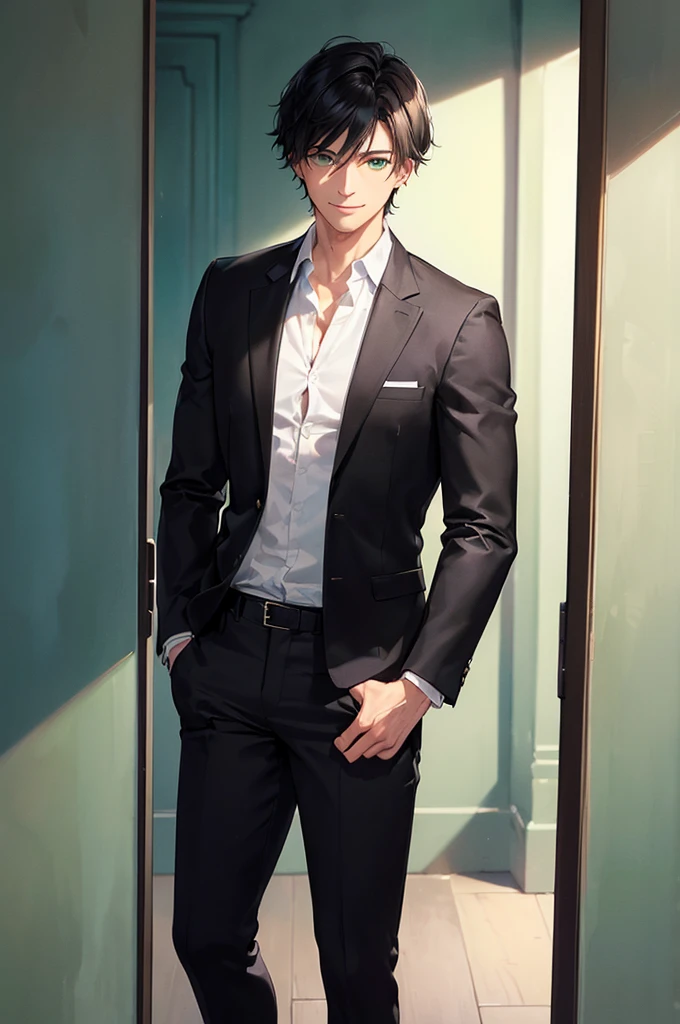 (masterpiece; best quality: 1.2), (finely detailed beautiful eyes: 1.5), ((1 man)), ((solo)), (green eyes: 1.4), (masculine; lean: 1.3), (very short black hair: 1.3), (beautiful and clear background: 1.2), (extremely detailed CG + ultra-detailed + best shadow: 1.1), ((depth of field)), (clothes; black blazer, pants + white shirt: 1.3), (background; suburban house interior + furniture: 0.8), (extremely fine and handsome: 1.1), (shot composition; standing + close-up: 1.5), (expression; calm, smile: 1.2)