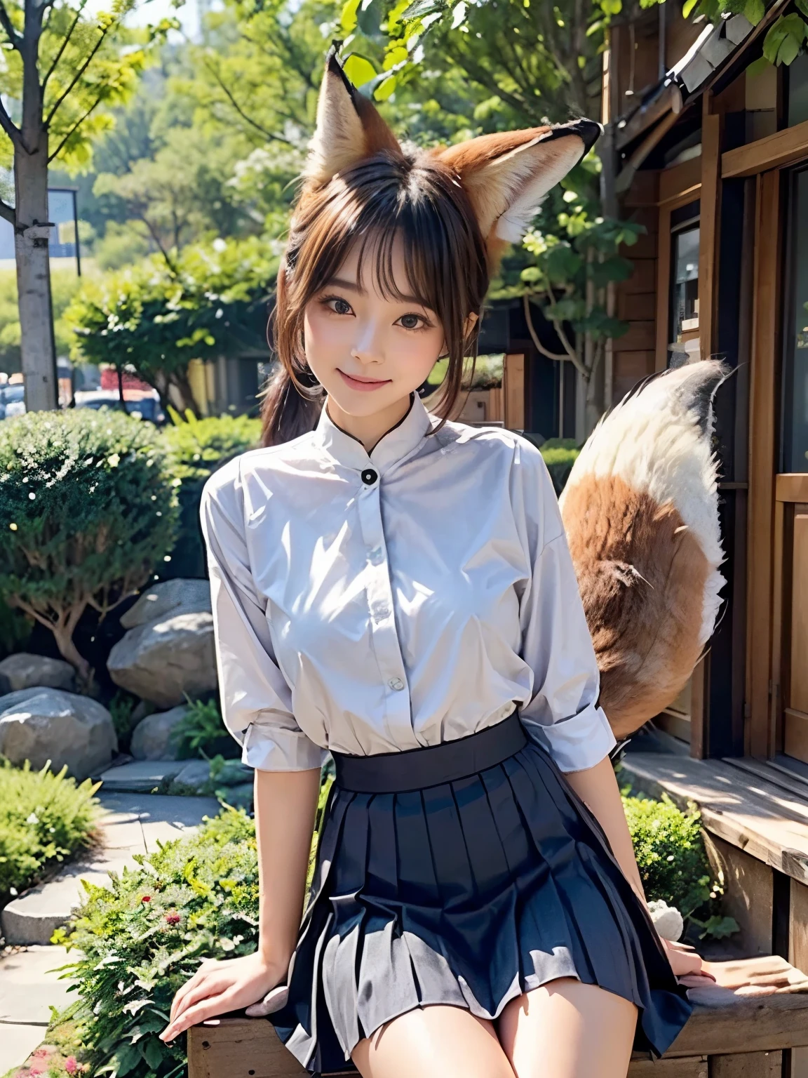 ((Highest quality, 32k)), ((masterpiece)), (Familiar), Perfect Face, pretty girl, Sitting in a chair drinking tea at an open-air cafe on the plateau, She has a bushy tail, (She has a fox tail.:1.5),She stands up her fluffy tail, Beautiful hip line, Small breasts, She is wearing a neat blouse and a mini pleated skirt., A bushy tail sticking out,, Slender body, The tail comes out from the inside of the skirt, (A fox tail protrudes from the inside of the skirt hem.:1.4), Embarrassed face
