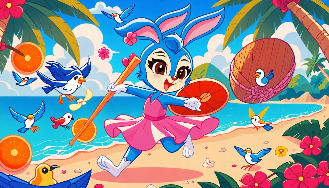 (masterpiece), ((best quality), ((high resolution)), (Extremely detailed CG unity 8k wallpaper), Solitary, Animal ears,open mouth,Rabbit ears,Smile,hairy,Happy,Brown eyes,blush,Perfect hands,Perfect feet,Animal nose,Bunny Girl,Blue fur,,Blue Hair,Tail,Beach,seaside,Pink dress,coconut tree,Seagull,Look at the camera,Smile,happy,