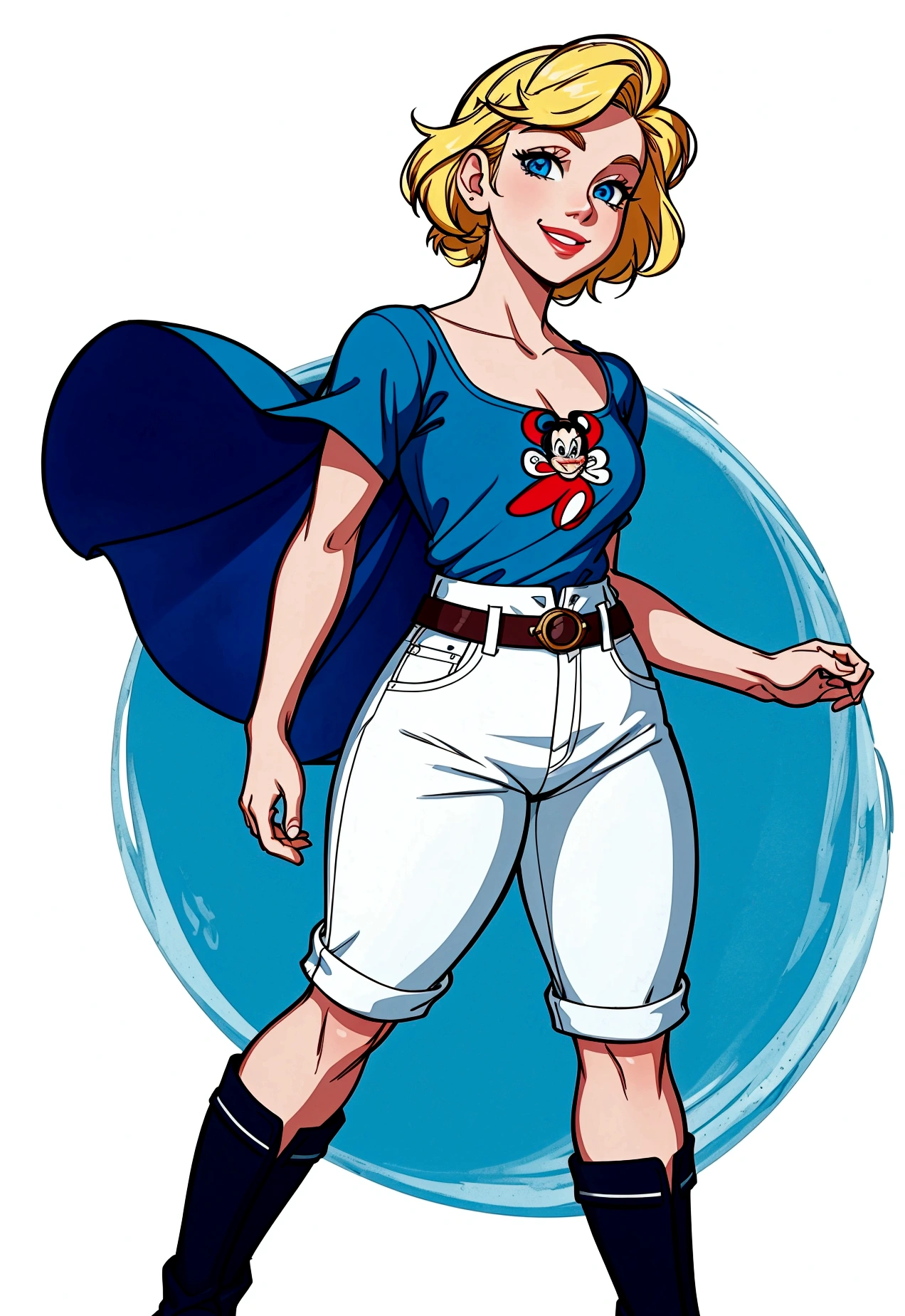 (disney style), (masterpiece, best quality:1.2), disney ariel, blonde short hair, blue eyes, white top, shorts jeans, black boots, smile, standing, front. white background. whole body.