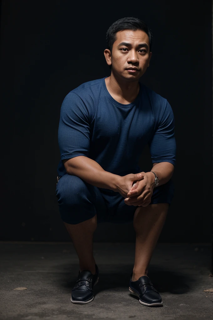 Hyperealistic 4D caricatur of Indonesian man, bigger head, small and short body, wearing a blue shirt and celana formal, sepatu hitam, black background white low lighting, 3D renderig photo, photography, potrait
