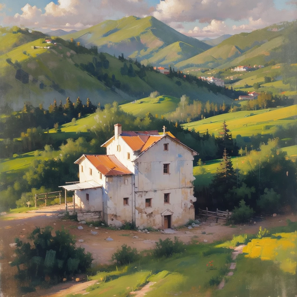 Mountain Landscape Print | Vintage oil painting, (OLD FARM HOUSE) AERIAL VIEW OF MINAS GERAIS - SUNSET