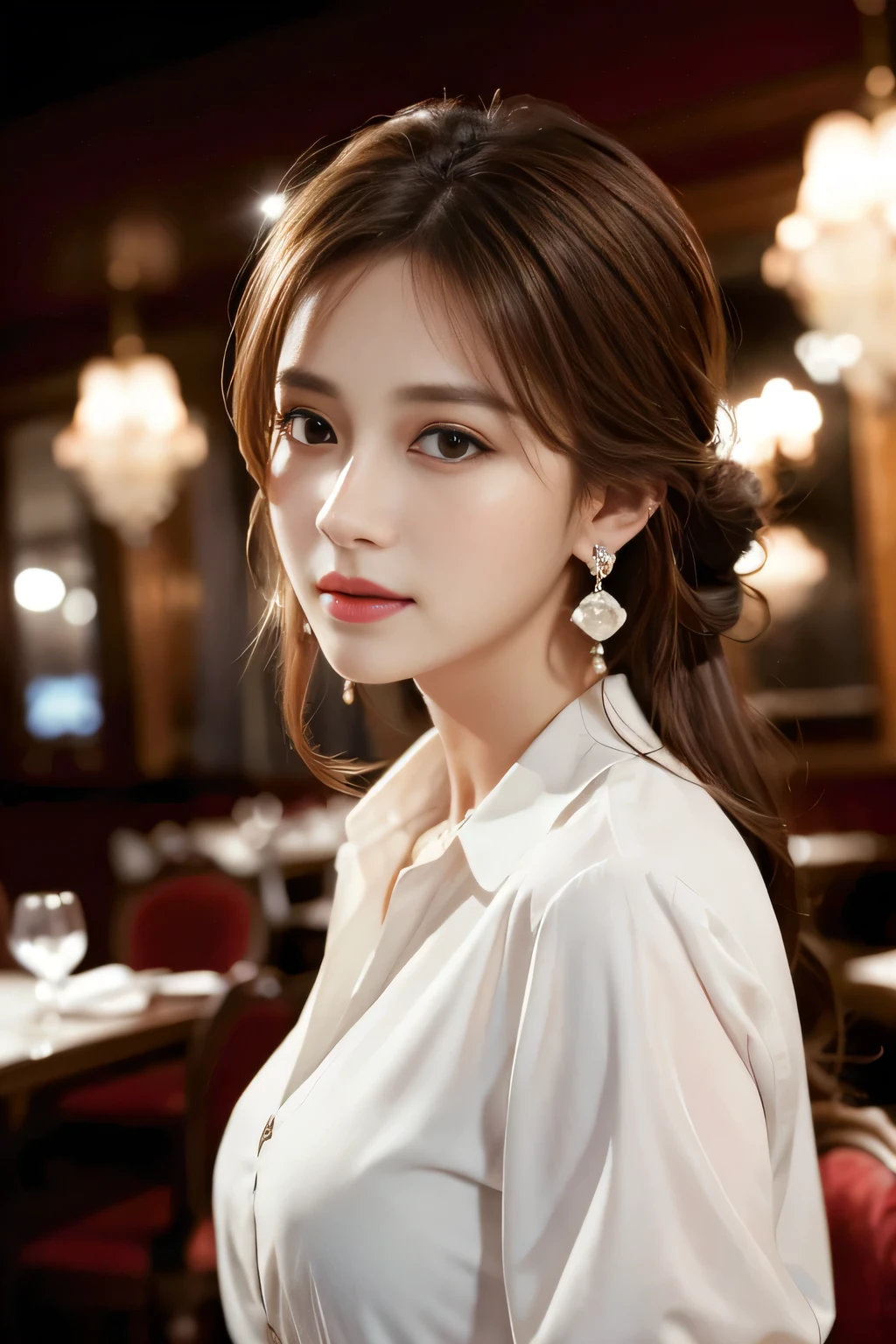 masterpiece, Highest quality, Realistic, Very detailed, Finer details, High resolution, 8k wallpaper, One beautiful woman, Wear an elegant white shirt, In a great restaurant, At night, Light brown messy hair, Perfect dynamic composition, Beautiful and beautiful eyes、Big earrings、