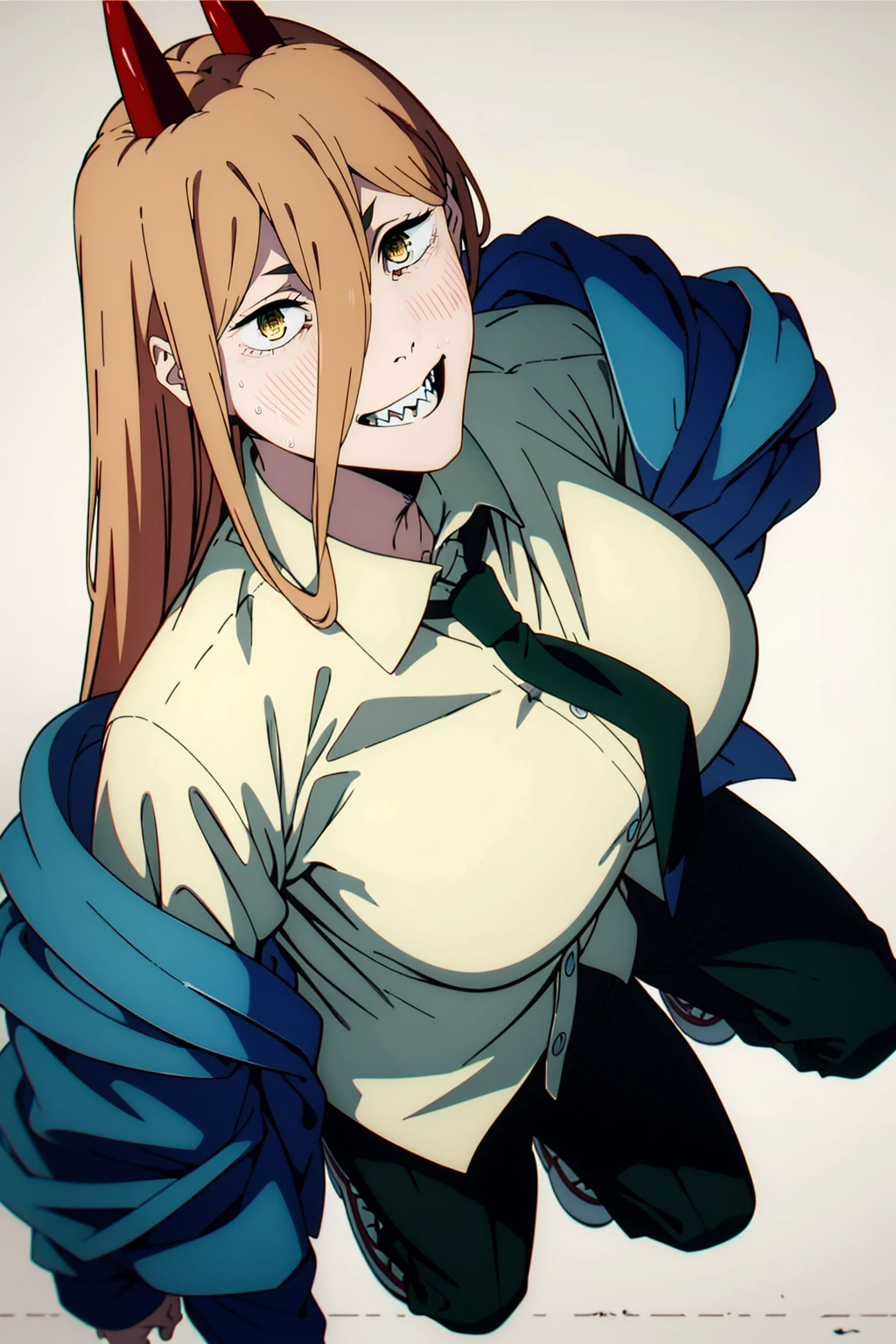 1girl, blonde_hair, yellow_eyes, 1girl, blonde_hair, yellow_eyes, a hot girl with bright red horns posing in a white shirt and blue tie, 1girl, solo, horns, breasts, shirt, cross-shaped pupils, sharp teeth, teeth, smile, white background, simple background, long hair, hair between eyes, white shirt,sneakers,  , looking at viewer, symbol-shaped pupils, blue jacket, open clothes, jacket, pink hair, red horns, grin, collared shirt, black pants,  upper body,unbuttoned shirt ,from above, ((full body)),lace bra 