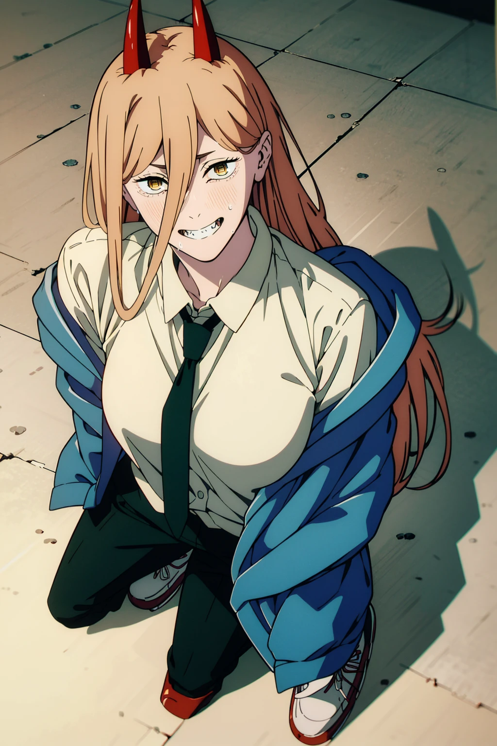 1girl, blonde_hair, yellow_eyes, 1girl, blonde_hair, yellow_eyes, a hot girl with bright red horns posing in a white shirt and blue tie, 1girl, solo, horns, breasts, shirt, cross-shaped pupils, sharp teeth, teeth, smile, white background, simple background, long hair, hair between eyes, white shirt,sneakers, , looking at viewer, symbol-shaped pupils, blue jacket, open clothes, jacket, pink hair, red horns, grin, collared shirt, black pants, upper body,unbuttoned shirt ,from above, ((full body)),lace bra