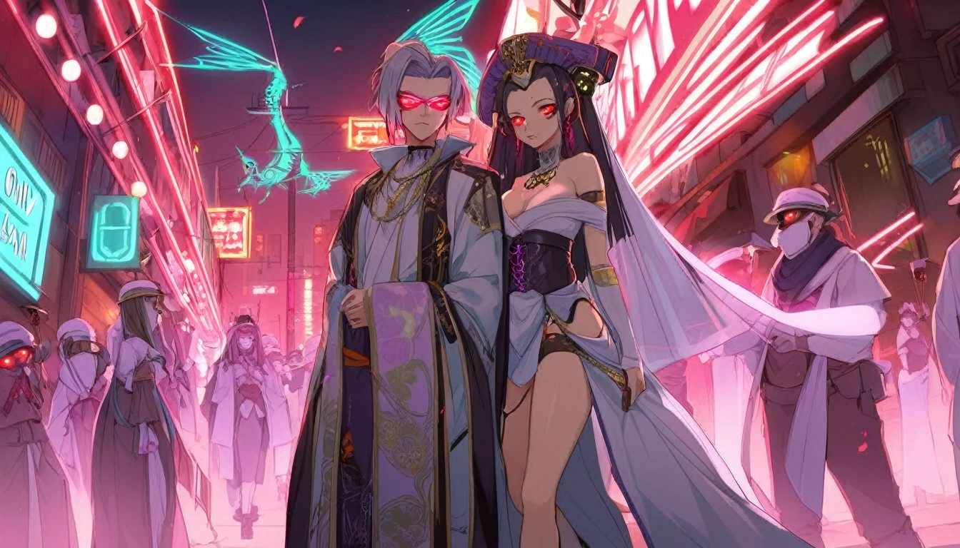 A girl dressed as a courtesan, teenager, one person, cyberpunk, red eyes, glowing eyes, neon street, courtesan procession