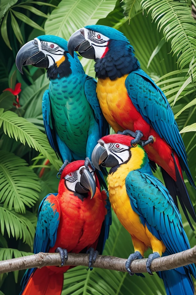 captures the vibrant essence of the tropical jungle. At the center, two majestic macaws with their blue feathers, red and yellow, Standing out amidst lush green foliage. Beside them, a toucan with its colorful beak and black and white plumage, adding a touch of exoticism. Tropical flowers like bromeliads, orchids and hibiscus intertwine around the birds, painting a picture of vivid colors and varied textures. Each element of the print is meticulously detailed, creating an image that celebrates biodiversity and the beauty of wild nature.