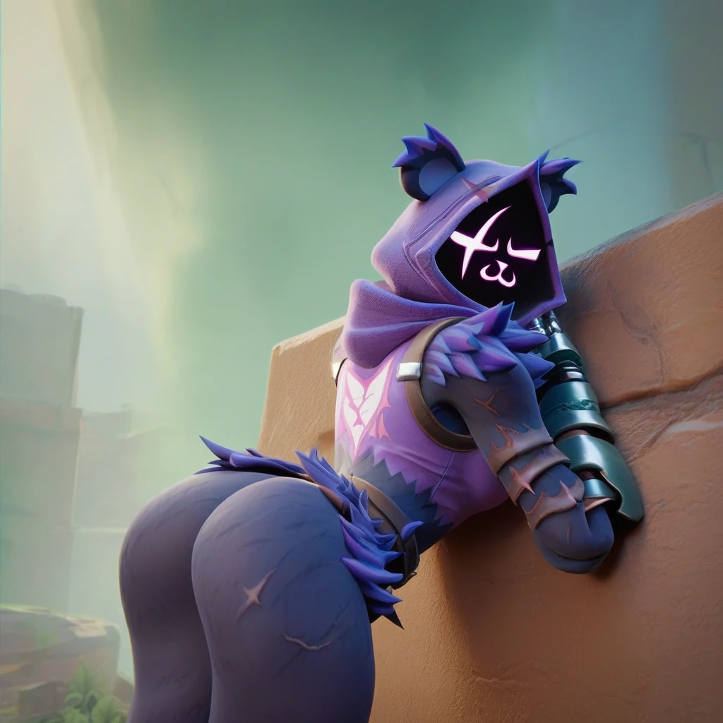 Raven team leader,purple hoodie, with no face, shadowed face, animal ears,purple skin, scar on eye, body skin, purple fur, waist belt, torso symbol, metal gloves, pointing your ass at the viewer, leaning forward, pushing, she closes her eyes, hands resting on a wall, farting hard, would be green, green smoke in her ass, scenery with green smoke, she farting, she is passing gas, farts, gases. her with her eyes closed, hands are not in the air, expression of force