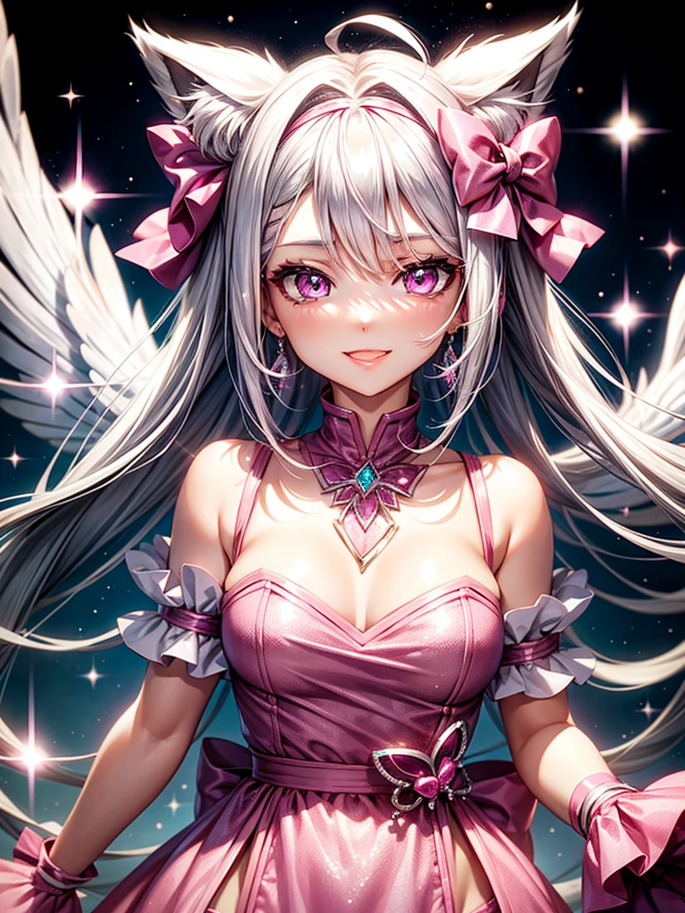 Silver hair, pink eyes, body, cat ears, woman, earrings, sparkle background, hot pink clothes, diamond hair bows, happy face, bird