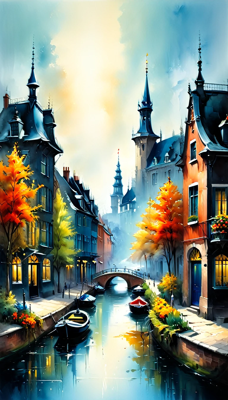 Holland, colored houses, canals, watercolor,color plant, fine black ink drawing,beautiful landscape, bright colors, lots of light,realistic, high quality,3d, work of art, hyperdetalization, professionally, filigree, hazy haze, hyperrealism, professionally, transparent, delicate pastel tones, back illumination, contrast, fantastic, fabulous, unreal, translucent, glowing,clear lines,epic fabulous