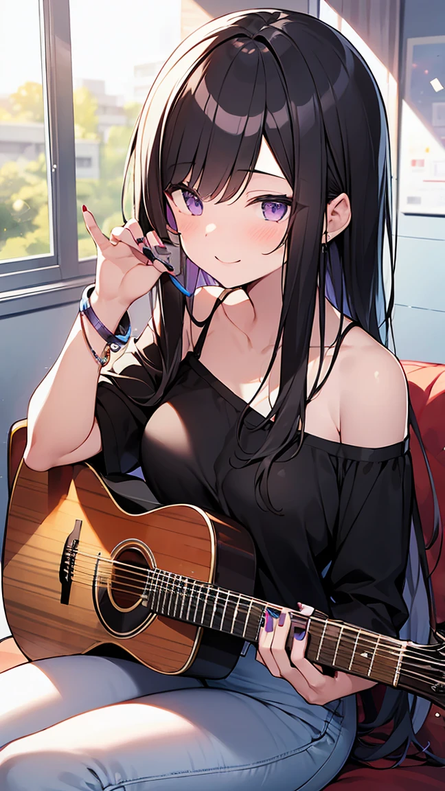 21 years old girl, very cute, with black bracelet in her hand,black black top short, white short jean, curve body, holding a an acoustic guitar, singing, camera lens 1.4,dorm balcony, looking at camera,happy, long hair, purple nails, high detailed fingers,