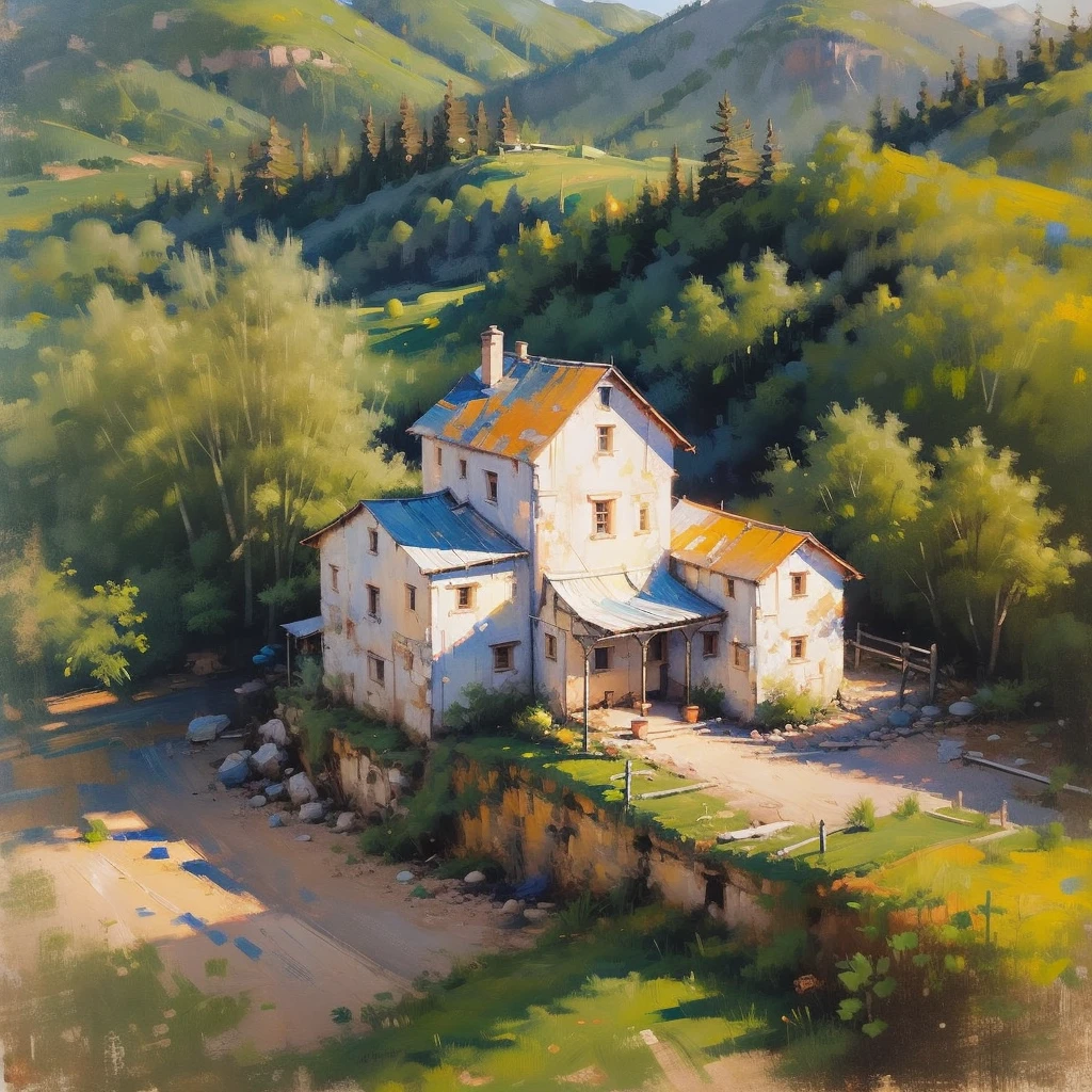 Mountain Landscape Print | Vintage oil painting, (OLD FARM HOUSE) AERIAL VIEW OF MINAS GERAIS - SUNSET