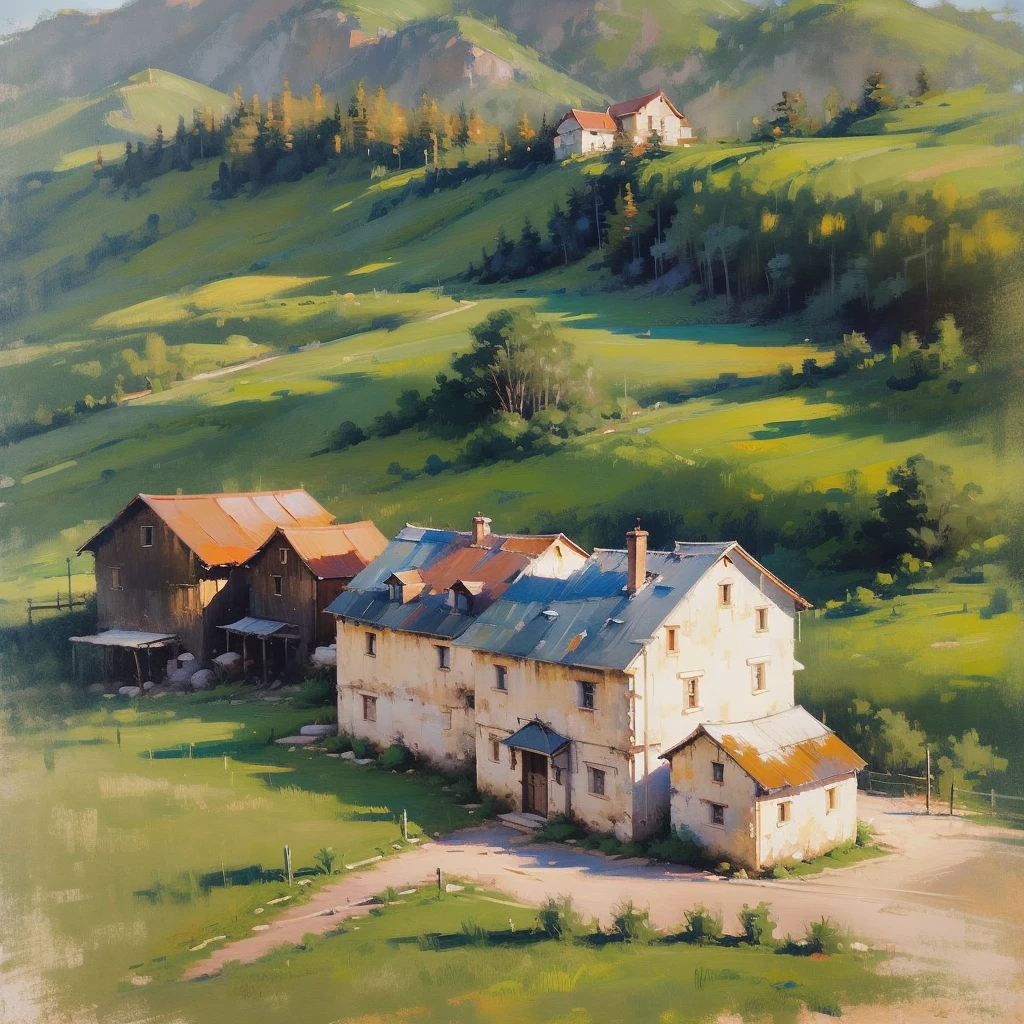 Mountain Landscape Print | Vintage oil painting, (OLD FARM HOUSE) AERIAL VIEW OF MINAS GERAIS - SUNSET
