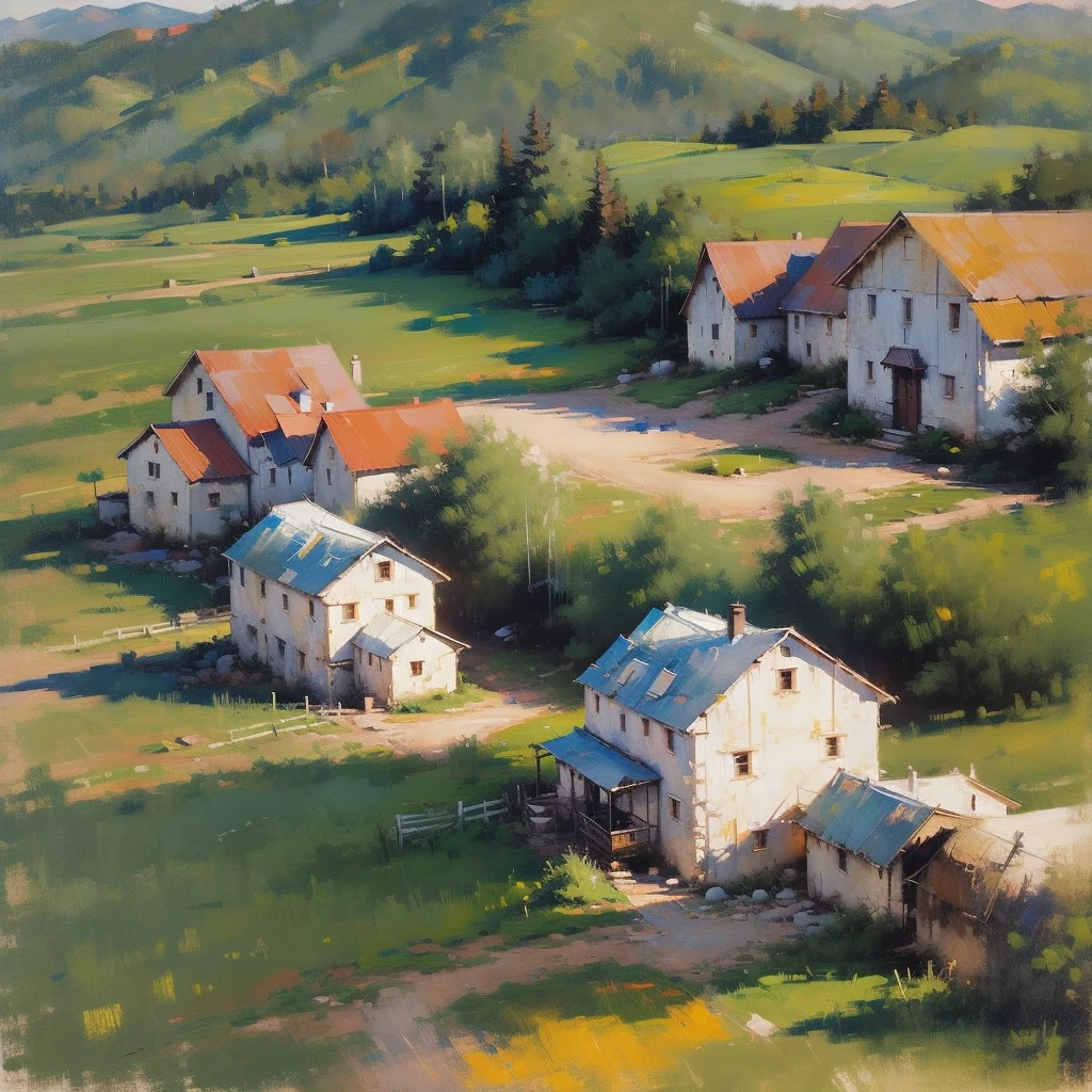 Mountain Landscape Print | Vintage oil painting, (OLD FARM HOUSE) AERIAL VIEW OF MINAS GERAIS - SUNSET