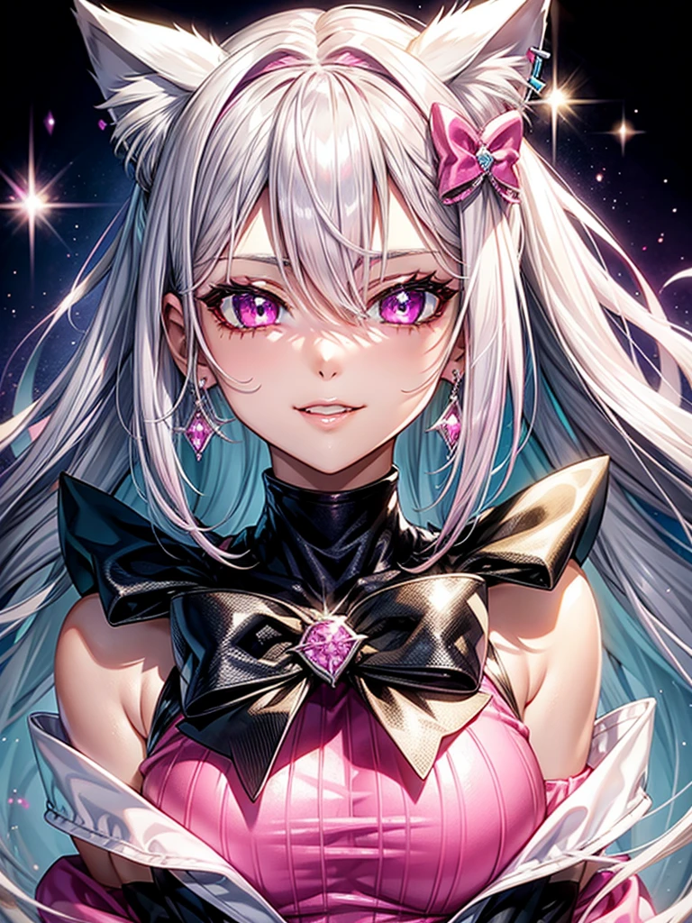 Silver hair, pink eyes, body, cat ears, woman, earrings, sparkle background, hot pink clothes, diamond hair bows, happy face, princess