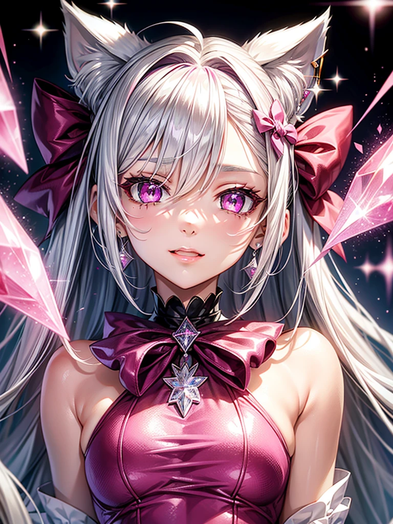 Silver hair, pink eyes, body, cat ears, woman, earrings, sparkle background, hot pink clothes, diamond hair bows, happy face, princess
