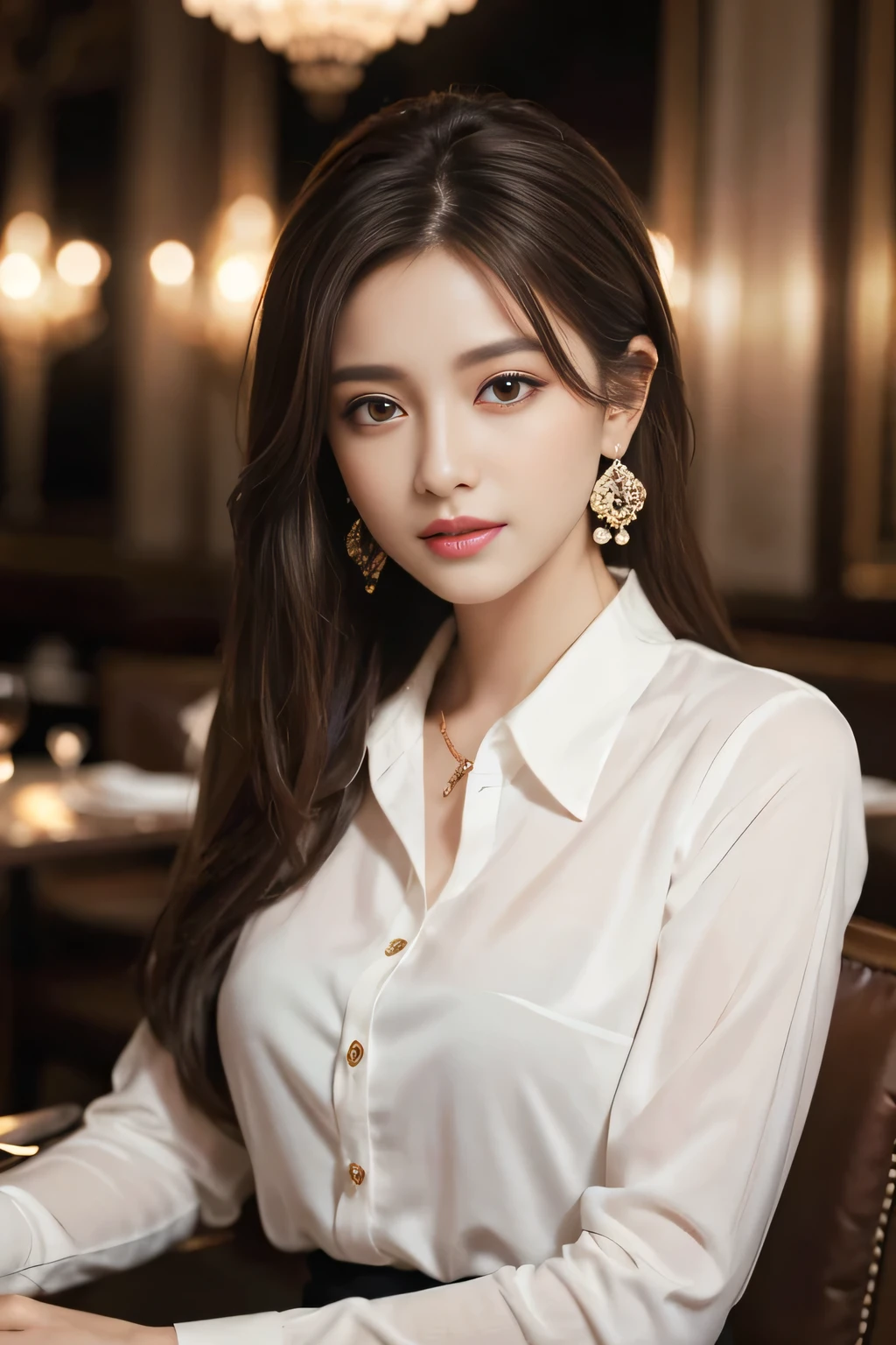 masterpiece, Highest quality, Realistic, Very detailed, Finer details, High resolution, 8k wallpaper, One beautiful woman, Wear an elegant white shirt, In a great restaurant, At night, Light brown messy hair, Perfect dynamic composition, Beautiful and beautiful eyes、Big earrings、