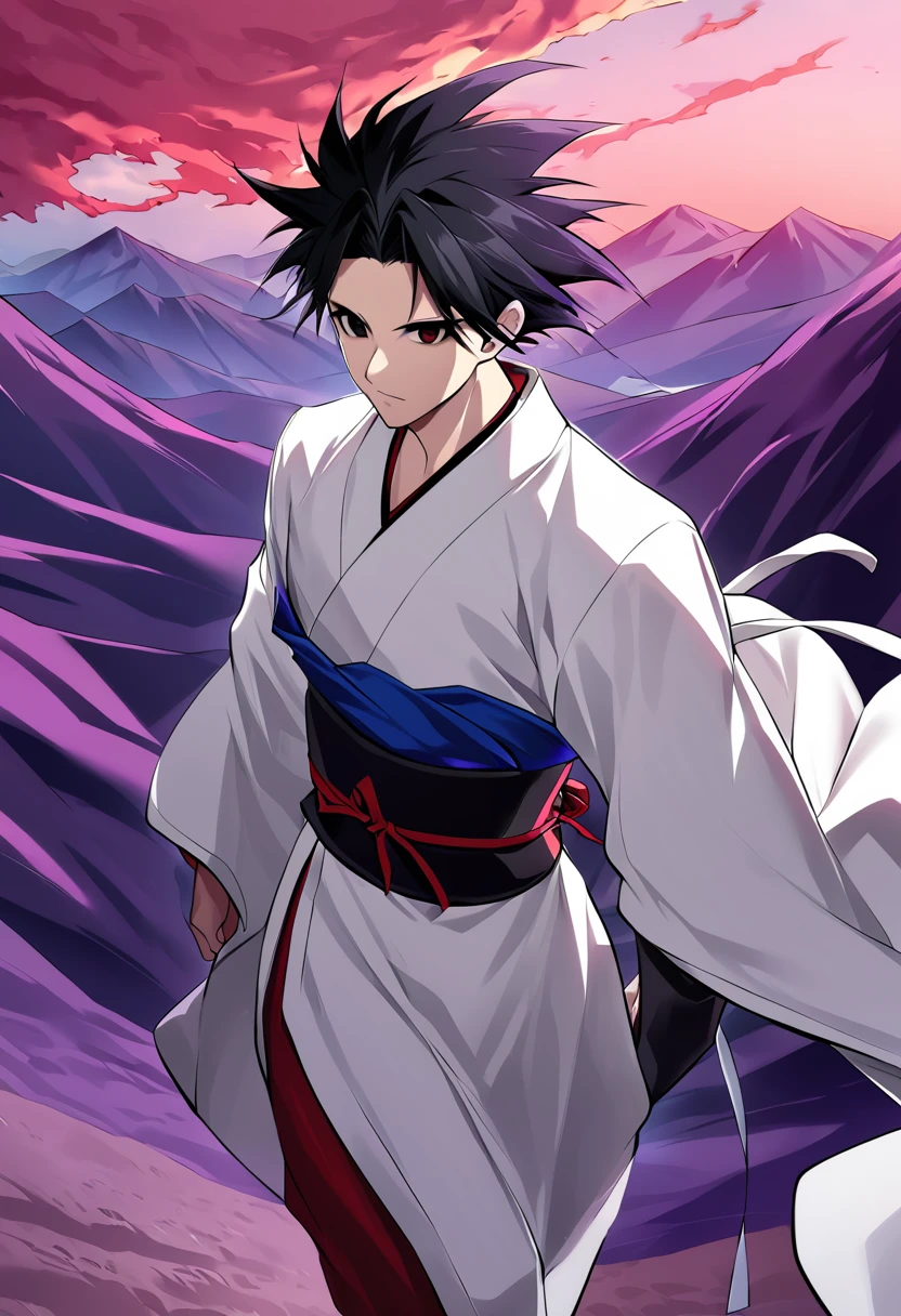 1boy, male focus, ponyzeldris, black hair, short hair, spiked hair, black eyes, red eyes, empty eyes,muscle, wearing white kimono with blue parts, Walking in a red land, purple mountains, red sky, wind, clothes in the wind, hair in the wind