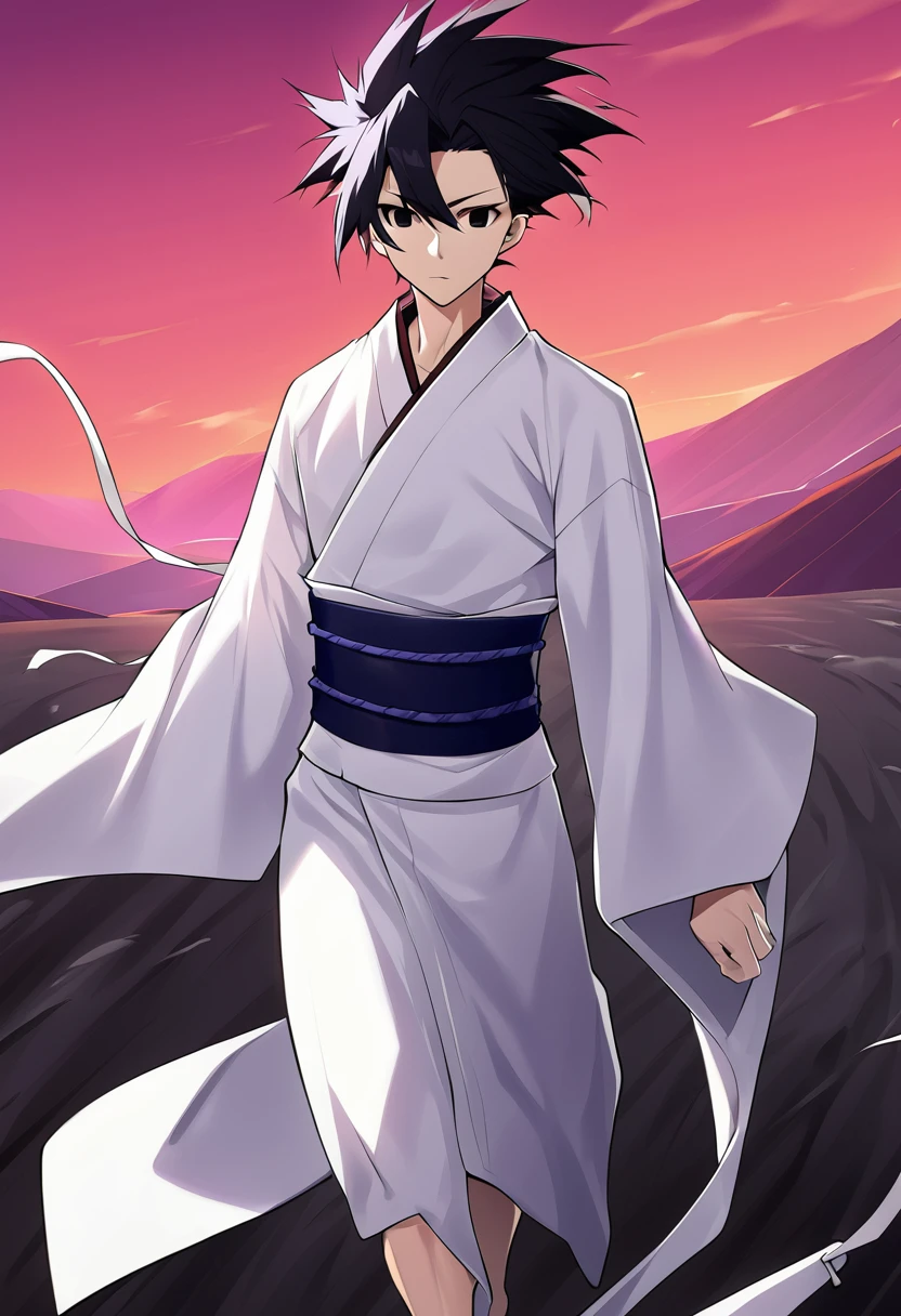 1boy, male focus, ponyzeldris, black hair, short hair, spiked hair, black eyes, red eyes, empty eyes,muscle, wearing white kimono with blue parts, Walking in a red land, purple mountains, red sky, wind, clothes in the wind, hair in the wind