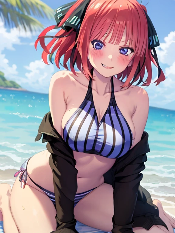 best quality, insanely detailed, nino nakano, breasts, smile, swimsuit, halterneck, striped tops, flower print,