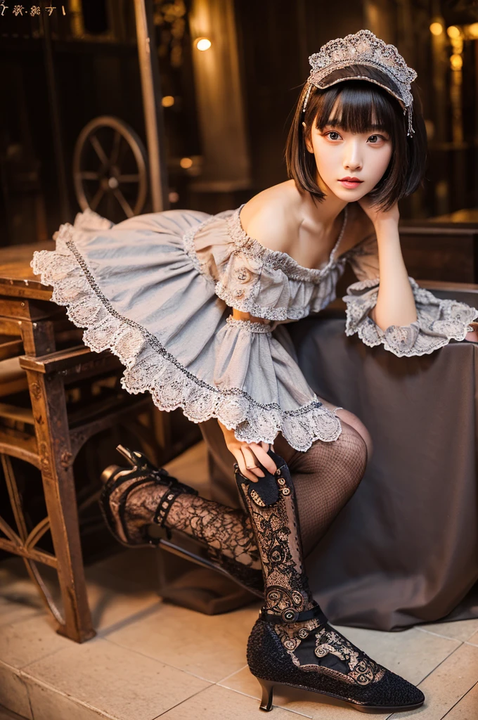 (((Tabletop, Highest quality))), 1 female, (((Very thin body))) , (((length, Thin legs))), (((short black bob, Thick and fluffy bangs ))), (((Highly detailed face))), cosmetically, Small, thin nose, small thin mouth, (((Very sharp focused eyes))), Large slit-shaped, precise pale grey eyes, Shining like a jewel, length eyelashes, ((Highly decorative and complex mechanical steampunk fashion, Lace flare skirt, Above-the-knee lace stockings, Lace Off Shoulder Lolita Fashion, Overly decorative fashion)), Abandoned Night, Exquisitely mechanized steampunk factory catches fire and explodes, (((Overall accuracy has been significantly improved, Create highly detailed and realistic images))), Ultra-realistic photos.